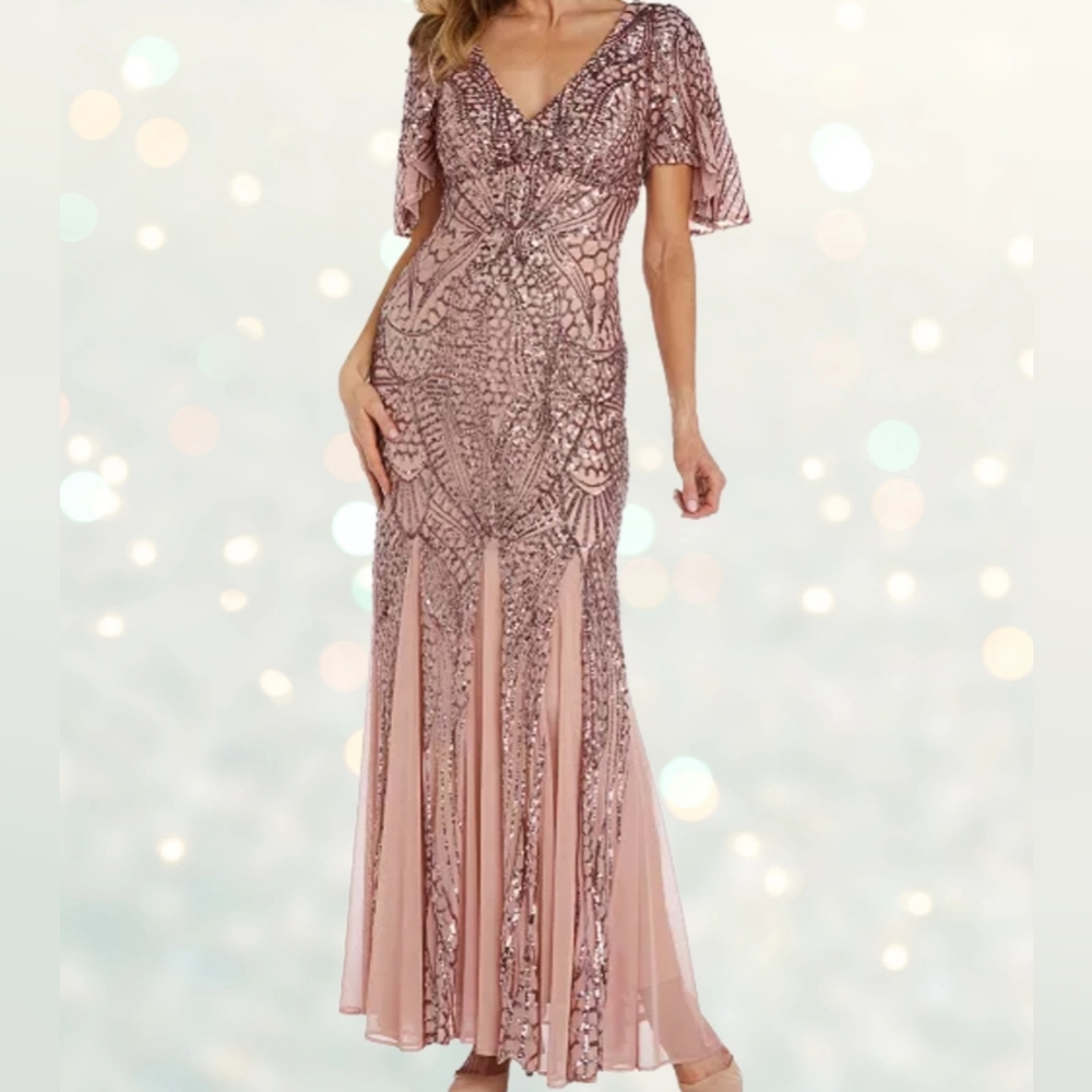 Women NW Nightway Pink Sequin Flutter Sleeve Evening Dress SIZE 4